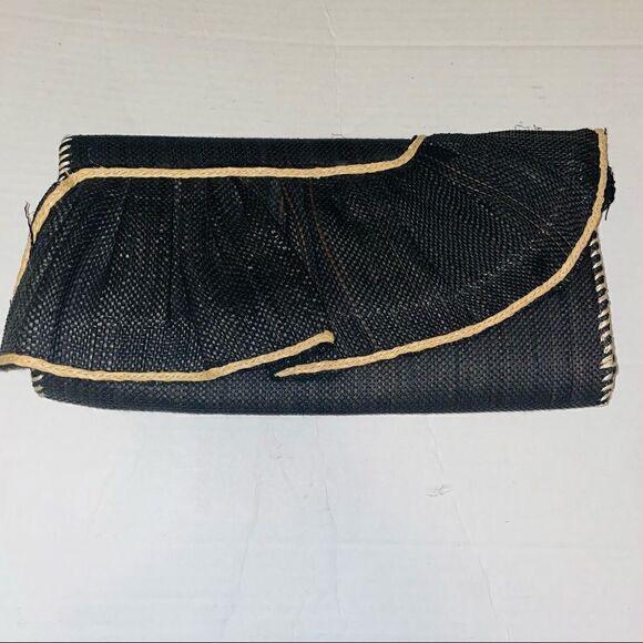 Woven Ruffle Clutch Black Straw Evening Bag Party Purse - Picture 2 of 10